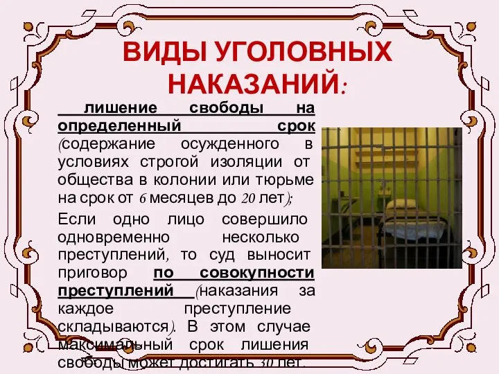 ВИДЫ УГОЛОВНЫХ НАКАЗАНИЙ: лишение свободы на определенный срок (содержание осужденного в