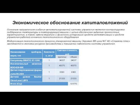 Экономическое обоснование капиталовложений Основным направлением создания автоматизированной системы управления является контролируемое