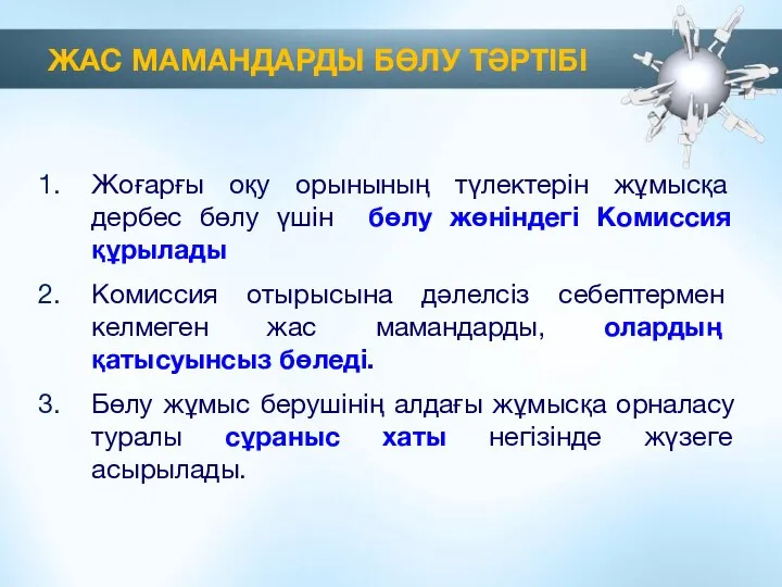 ЖАС МАМАНДАРДЫ БӨЛУ ТӘРТІБІ Жоғарғы оқу орынының түлектерін жұмысқа дербес бөлу