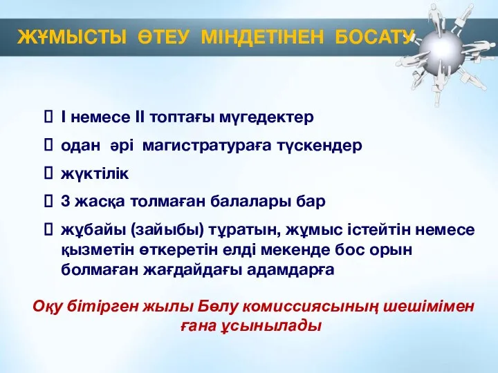 ЖҰМЫСТЫ ӨТЕУ МІНДЕТІНЕН БОСАТУ Оқу бітірген жылы Бөлу комиссиясының шешімімен ғана