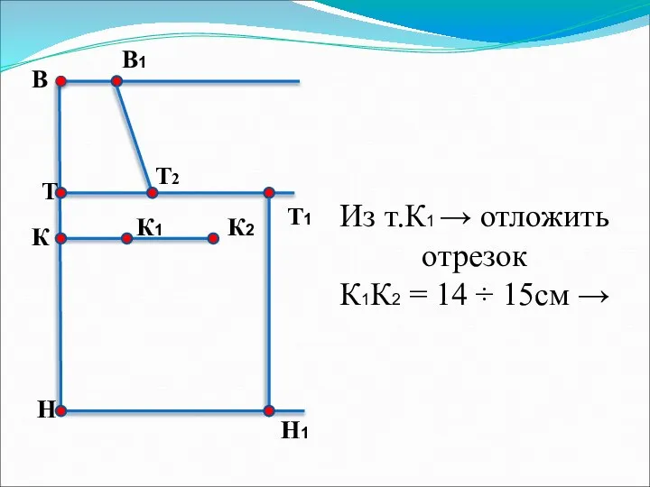 Из т.К1 → отложить отрезок К1К2 = 14 ÷ 15см →