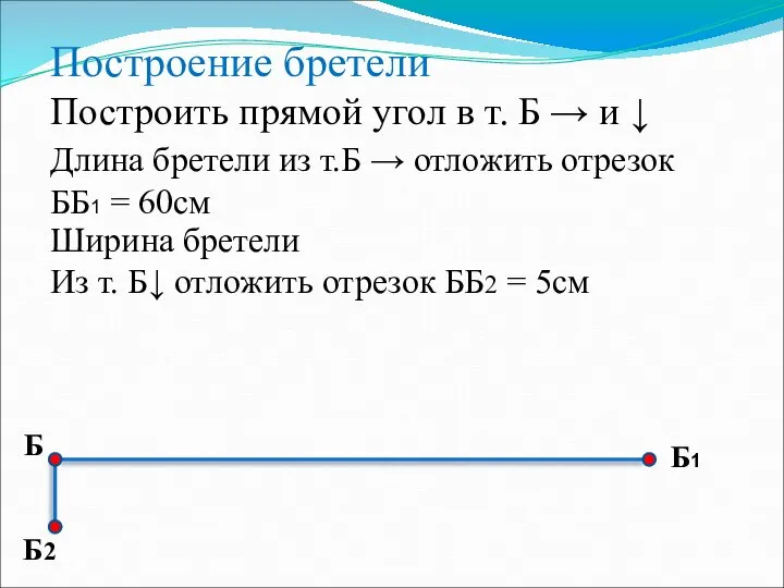 Построение бретели Построить прямой угол в т. Б → и ↓