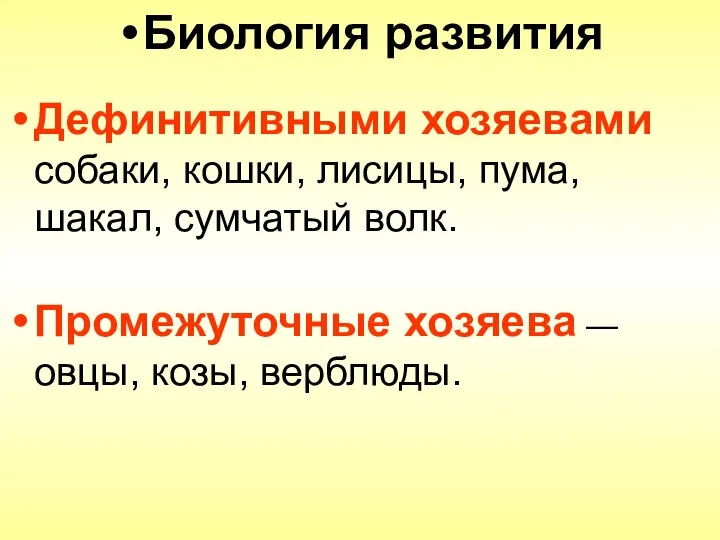 Биология развития Дефинитивными хозяевами собаки, кошки, лисицы, пума, шакал, сумчатый волк.