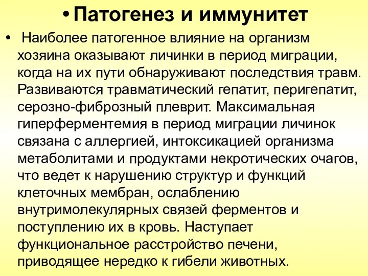 Патогенез и иммунитет Наиболее патогенное влияние на организм хозяина оказывают личинки