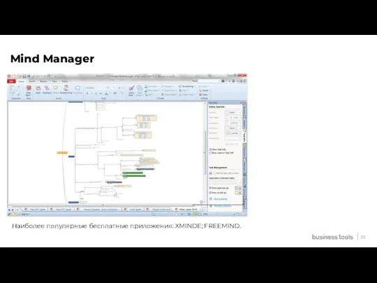 23 Mind Manager Наиболее популярные бесплатные приложения: XMINDE; FREEMIND.