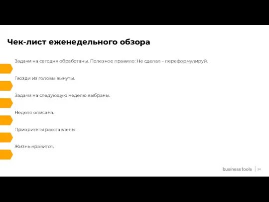 Чек-лист еженедельного обзора Задачи на сегодня обработаны. Полезное правило: Не сделал