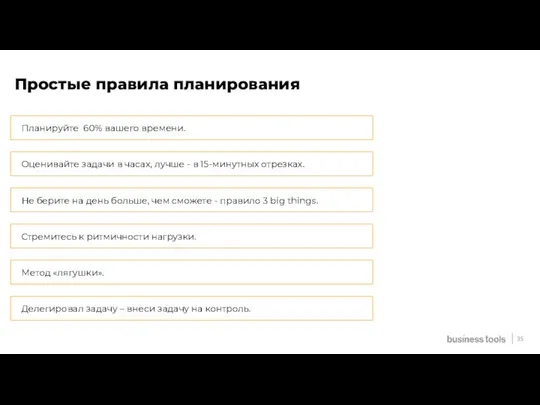 35 Простые правила планирования Планируйте 60% вашего времени. Оценивайте задачи в