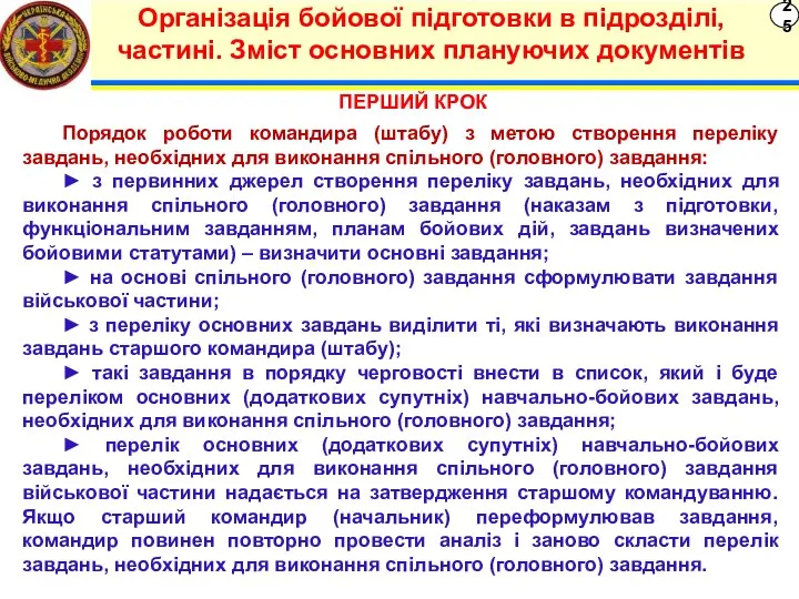 25 Організація бойової підготовки в підрозділі, частині. Зміст основних плануючих документів