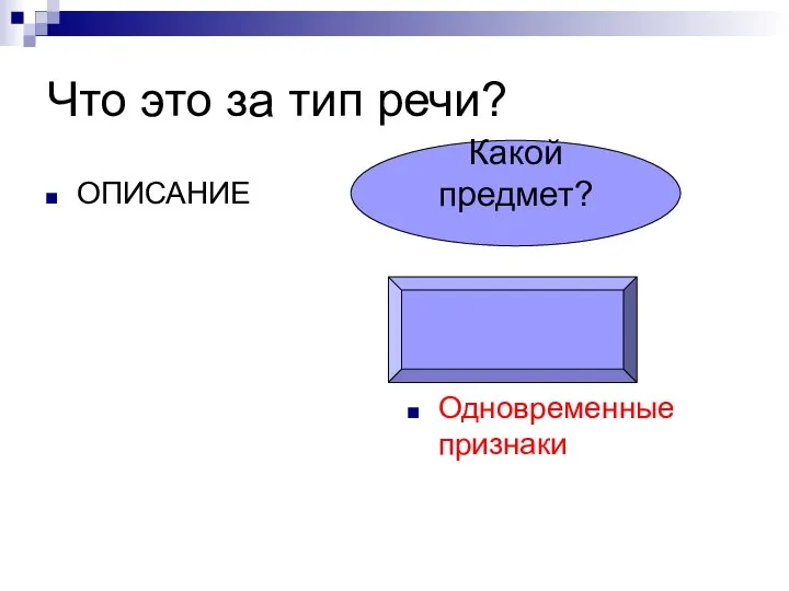 Что это за тип речи? ОПИСАНИЕ Одновременные признаки Какой предмет?