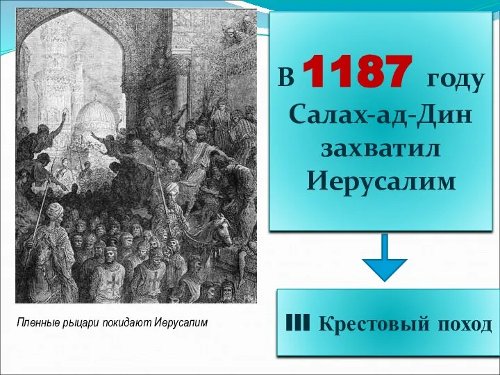 Пленные рыцари покидают Иерусалим В 1187 году Салах-ад-Дин захватил Иерусалим III Крестовый поход