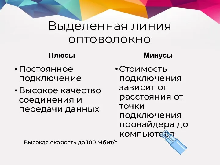 Выделенная линия оптоволокно Плюсы Постоянное подключение Высокое качество соединения и передачи