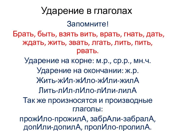 Ударение в глаголах Запомните! Брать, быть, взять вить, врать, гнать, дать,