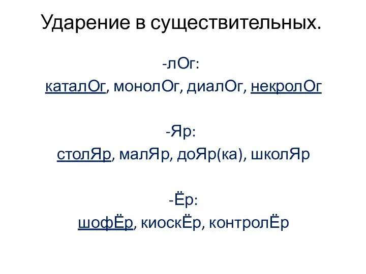 Ударение в существительных. лОг: каталОг, монолОг, диалОг, некролОг Яр: столЯр, малЯр,