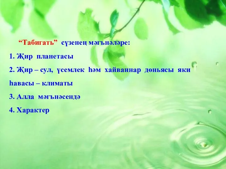 “Табигать” сүзенең мәгънәләре: 1. Җир планетасы 2. Җир – сул, үсемлек