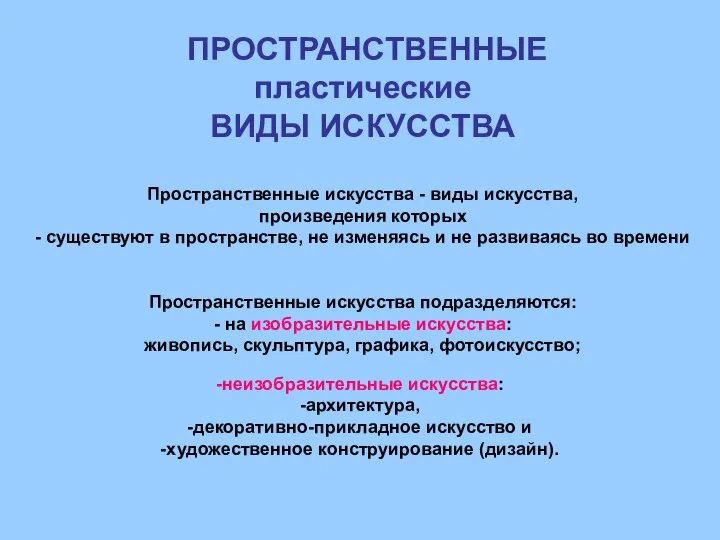 ПРОСТРАНСТВЕННЫЕ пластические ВИДЫ ИСКУССТВА Пространственные искусства - виды искусства, произведения которых