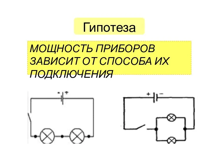 МОЩНОСТЬ ПРИБОРОВ ЗАВИСИТ ОТ СПОСОБА ИХ ПОДКЛЮЧЕНИЯ Гипотеза