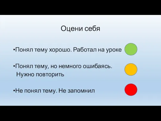 Оцени себя Понял тему хорошо. Работал на уроке Понял тему, но