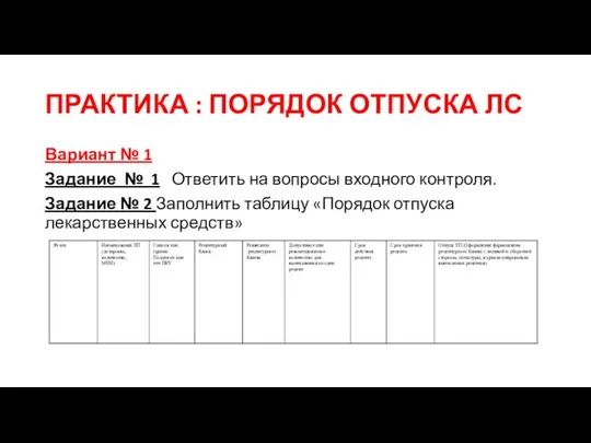 ПРАКТИКА : ПОРЯДОК ОТПУСКА ЛС Вариант № 1 Задание № 1