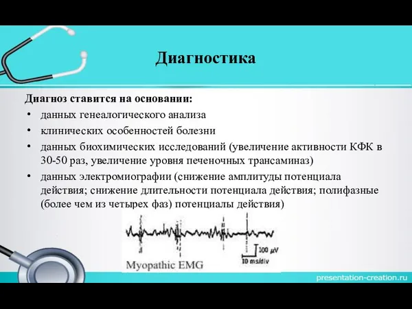 Диагностика Диагноз ставится на основании: данных генеалогического анализа клинических особенностей болезни