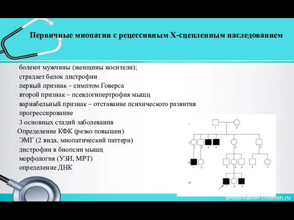 Первичные миопатии с рецессивным Х-сцепленным наследованием болеют мужчины (женщины носители); страдает