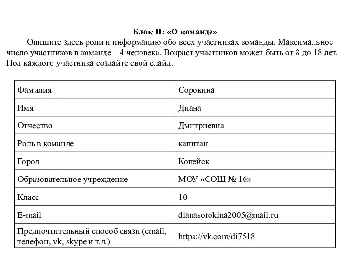 Блок II: «О команде» Опишите здесь роли и информацию обо всех