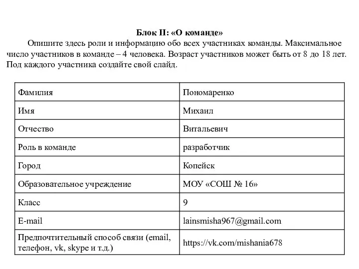 Блок II: «О команде» Опишите здесь роли и информацию обо всех