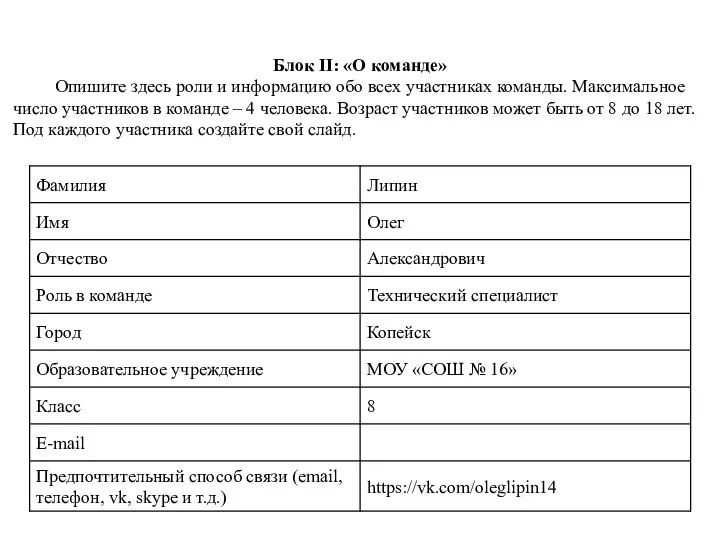 Блок II: «О команде» Опишите здесь роли и информацию обо всех