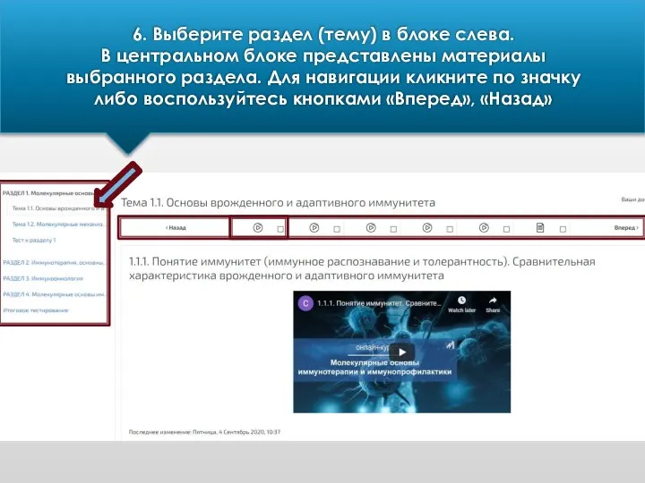 6. Выберите раздел (тему) в блоке слева. В центральном блоке представлены