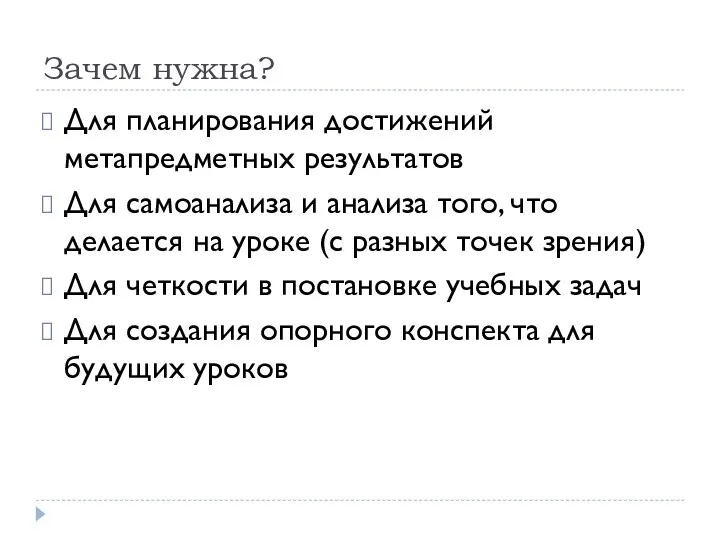 Зачем нужна? Для планирования достижений метапредметных результатов Для самоанализа и анализа