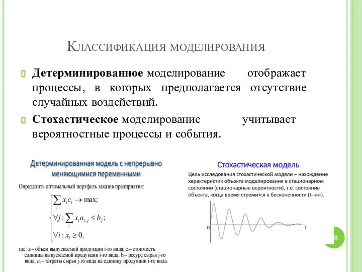 Классификация моделирования Детерминированное моделирование отображает процессы, в которых предполагается отсутствие случайных