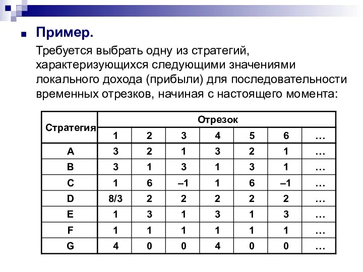 Пример. Требуется выбрать одну из стратегий, характеризующихся следующими значениями локального дохода