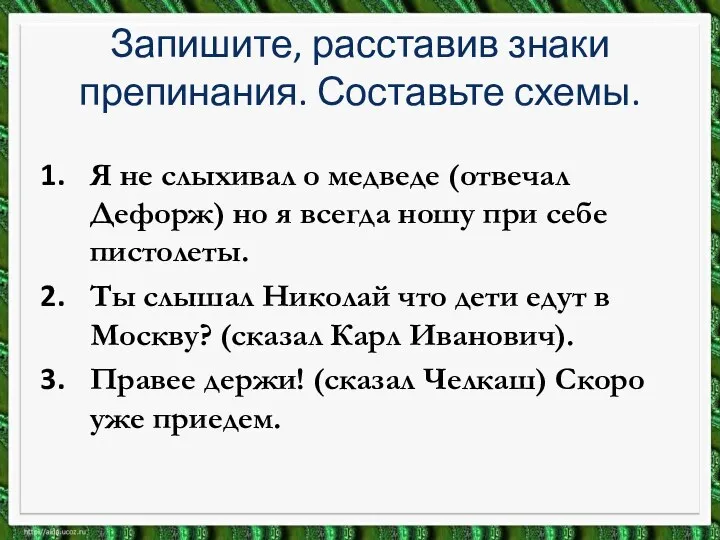 Запишите, расставив знаки препинания. Составьте схемы. Я не слыхивал о медведе