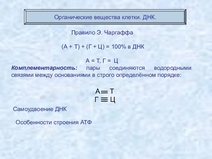 Органические вещества клетки. ДНК. Самоудвоение ДНК Правило Э. Чаргаффа (А +