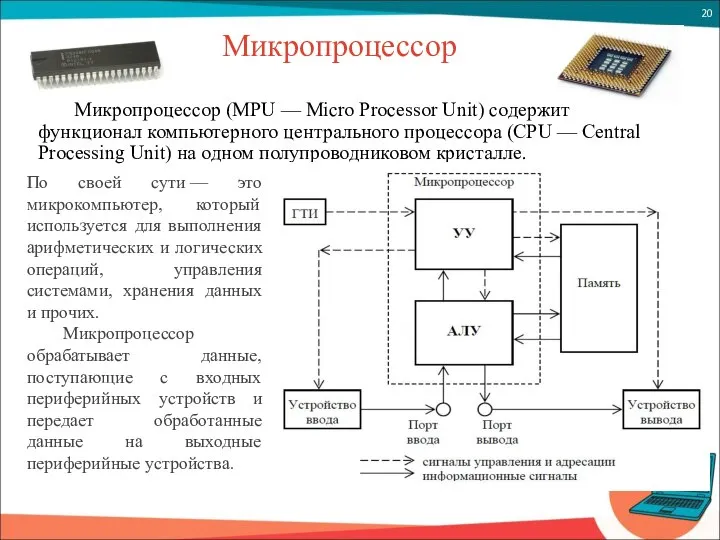 Микропроцессор Микропроцессор (MPU — Micro Processor Unit) содержит функционал компьютерного центрального