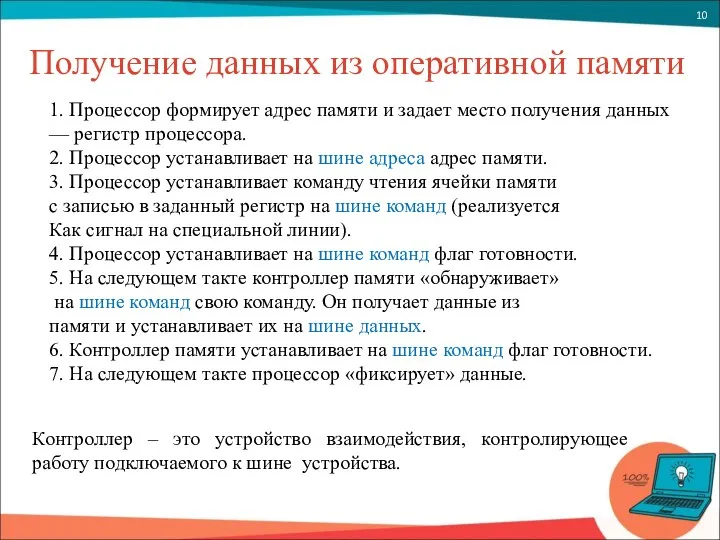 Получение данных из оперативной памяти 1. Процессор формирует адрес памяти и