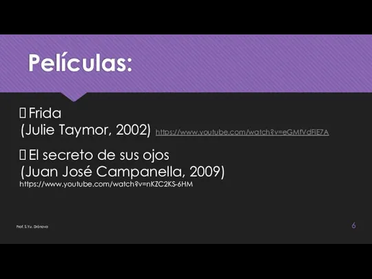 Películas: Prof. S.Yu. Drónova Frida (Julie Taymor, 2002) https://www.youtube.com/watch?v=eGMfVdFiE7A El secreto