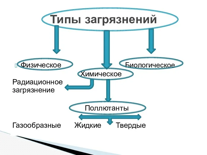 Физическое Биологическое Химическое Радиационное загрязнение Поллютанты Газообразные Жидкие Твердые Типы загрязнений