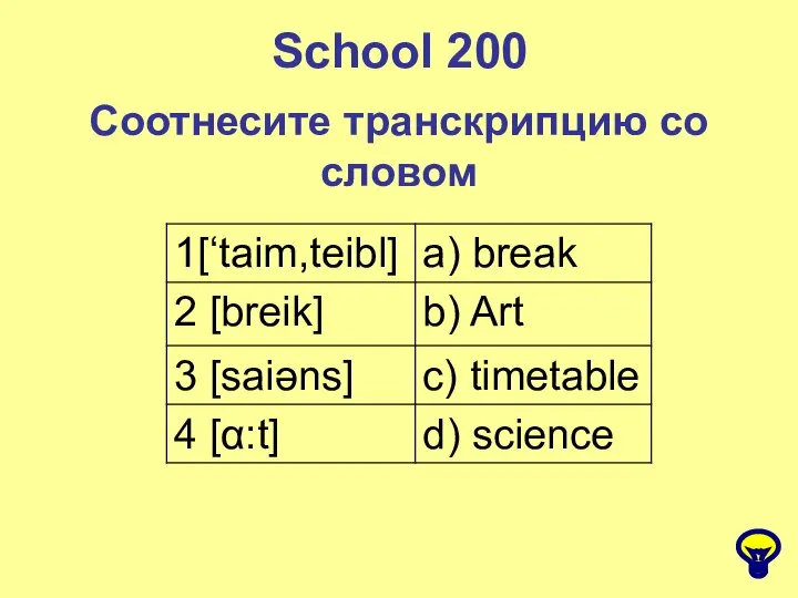 Соотнесите транскрипцию со словом School 200