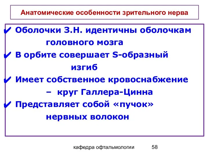 кафедра офтальмологии Анатомические особенности зрительного нерва Оболочки З.Н. идентичны оболочкам головного