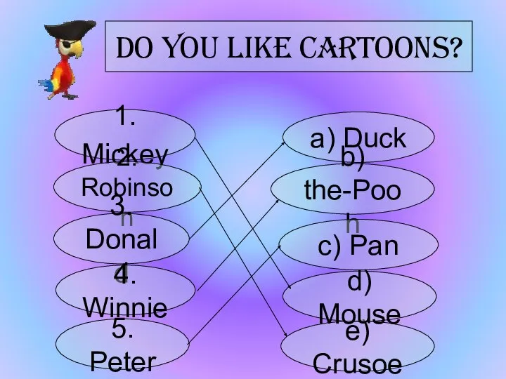 Do you like cartoons? 1. Mickey 2. Robinson 3. Donald 5.