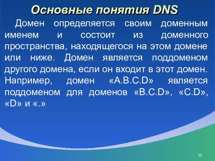 Основные понятия DNS Домен определяется своим доменным именем и состоит из