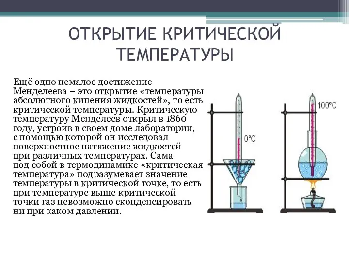 ОТКРЫТИЕ КРИТИЧЕСКОЙ ТЕМПЕРАТУРЫ Ещё одно немалое достижение Менделеева – это открытие