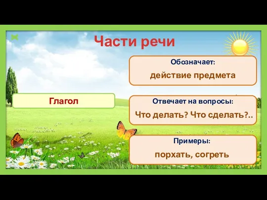 Части речи Обозначает: Отвечает на вопросы: Примеры: Что делать? Что сделать?.. действие предмета порхать, согреть Глагол