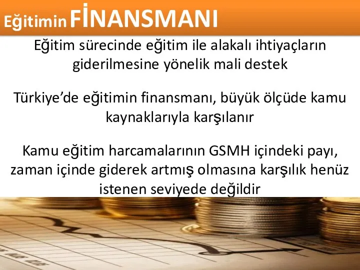 Eğitimin FİNANSMANI Eğitim sürecinde eğitim ile alakalı ihtiyaçların giderilmesine yönelik mali