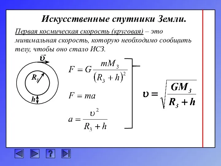 Искусственные спутники Земли. Первая космическая скорость (круговая) – это минимальная скорость,