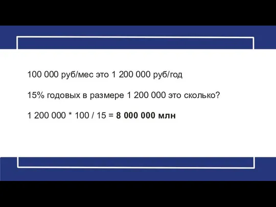 100 000 руб/мес это 1 200 000 руб/год 15% годовых в