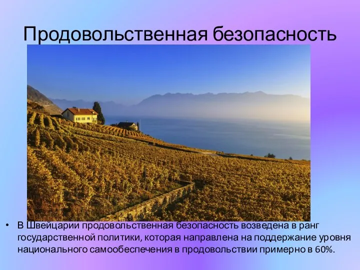 Продовольственная безопасность В Швейцарии продовольственная безопасность возведена в ранг государственной политики,