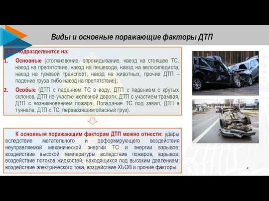 ДТП подразделяются на: Основные (столкновение, опрокидывание, наезд на стоящее ТС, наезд