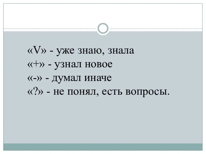 «V» - уже знаю, знала «+» - узнал новое «-» -