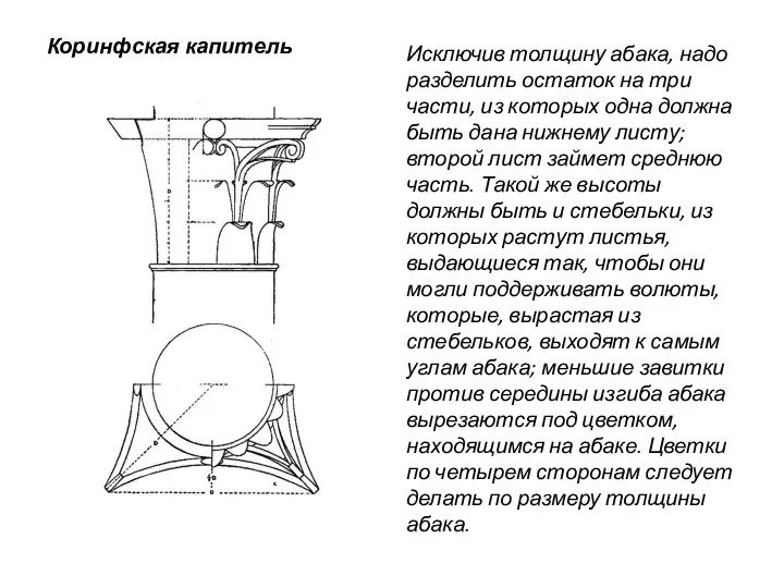 Коринфская капитель Исключив толщину абака, надо разделить остаток на три части,